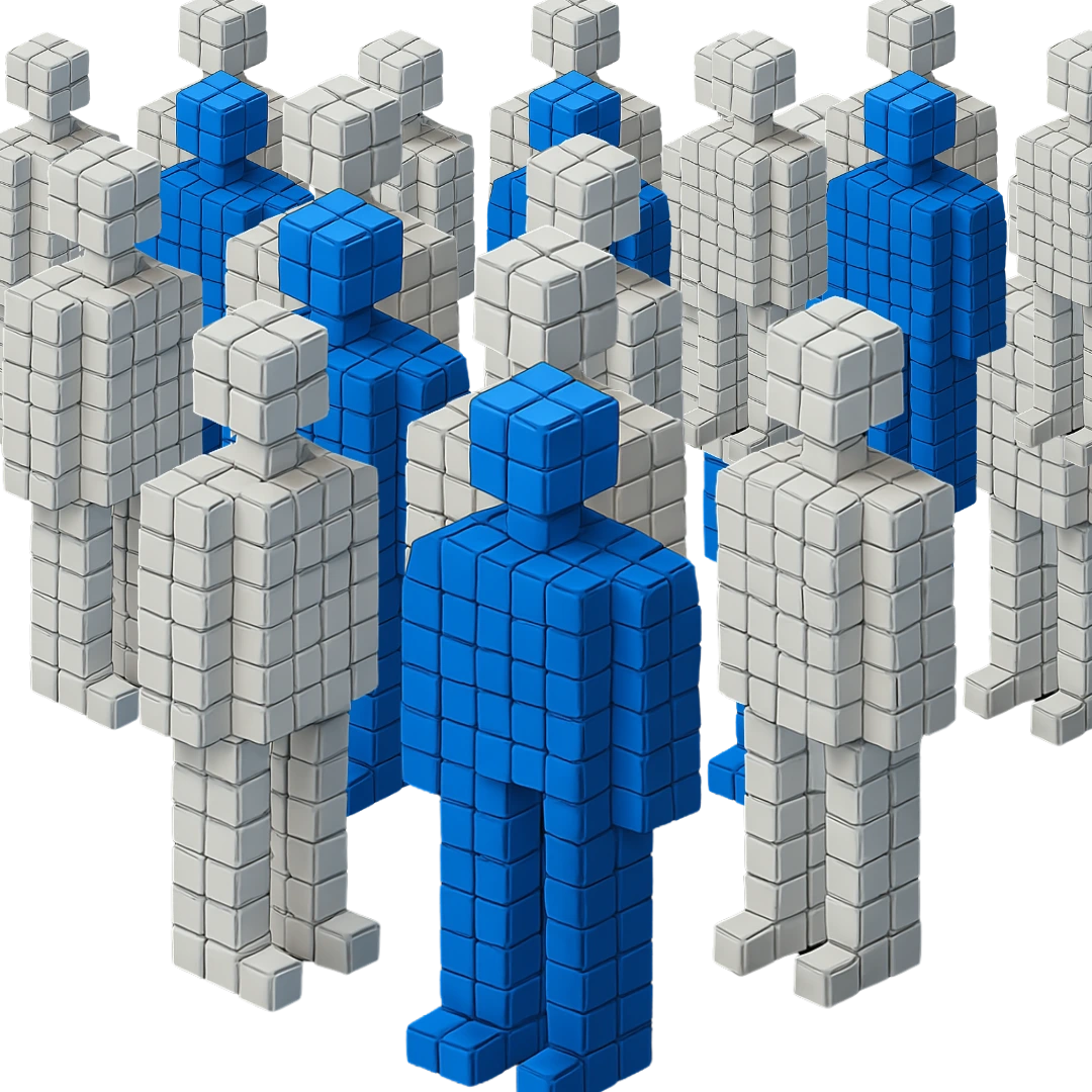 team di omini stilizzati in 3d formati da cubetti bianchi e blu.